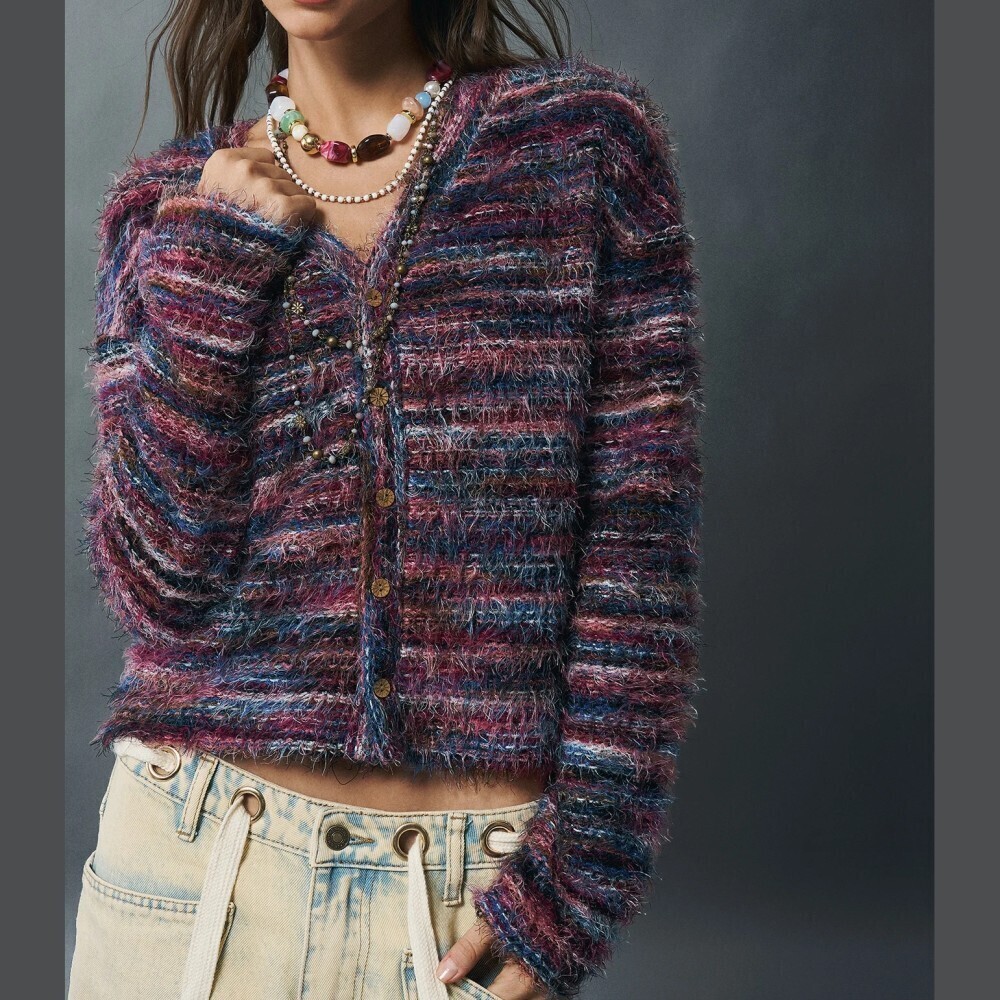 Plum / Red Space Dye Striped Heather Fuzzy Knit Button Front Cardigan